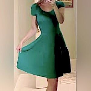 Sandro Relief Forest Green Geo Patterned Fit & Flare Mini w Capped Sleeves